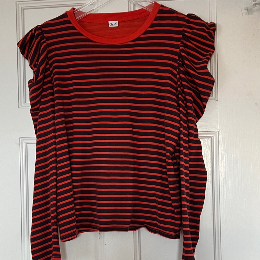 Clare V Red and Black Striped Long Sleeve Top